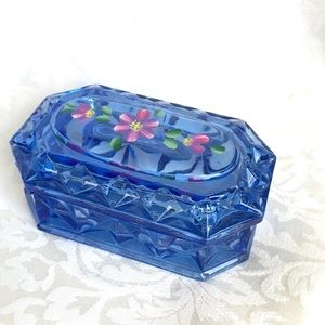 Fenton Treasure Box Blue Lidded Glass Trinket Box Painted Flowers with Box